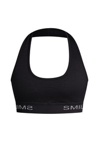Zwarte sportbeha van ribstof, met een ronde halslijn en brede band met de tekst "SMILE" in witte letters.
