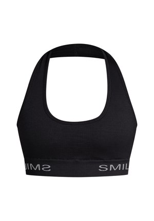 Reggiseno sportivo nero in tessuto a coste, con scollatura a barca e fascia larga con la scritta "SMILE" in lettere bianche.