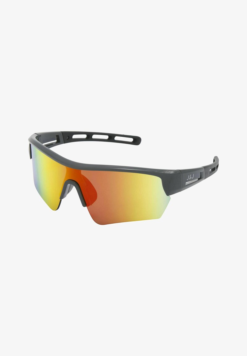 Occhiali sportivi da sole con una leggera montatura nera, grandi lenti arancioni specchiate, forma angolare e fori di ventilazione sui lati.