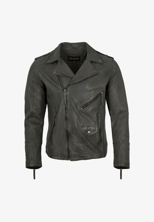Schwarze Leder-Motorradjacke mit Reverskragen, asymmetrischem Frontreißverschluss, mehreren Reißverschlusstaschen und Schulterklappen.