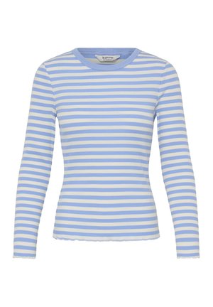 Haut léger à manches longues avec rayures bleues et blanches. Présente une texture côtelée, un col rond et un ourlet festonné.