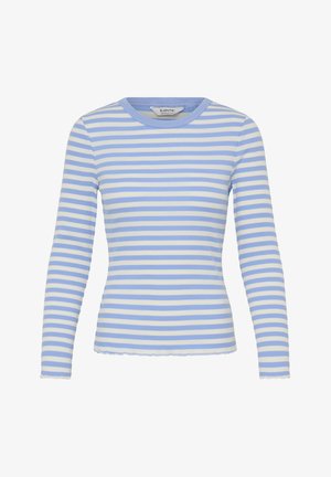 Haut léger à manches longues avec rayures bleues et blanches. Présente une texture côtelée, un col rond et un ourlet festonné.