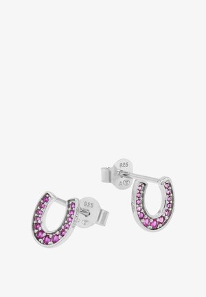 Silberne Hufeisen-förmige Ohrstecker mit kleinen rosa Edelsteinen entlang des äußeren Randes, gesichert mit Schmetterlingsverschlüssen.