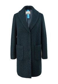 Tummanvihreä, teksturoidulla pinnalla varustettu takki, jossa on huivikääntökaulus, kaksi etutaskua ja suora siluetti. Sisäpuolella on sileä vuori.