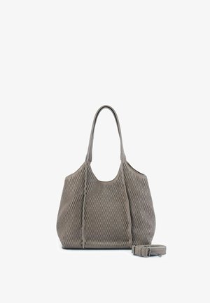 Graue Tragetasche mit perforierten vertikalen Schlitzen, zwei Schulterriemen und einem abnehmbaren verstellbaren Umhängeband auf weißem Hintergrund.