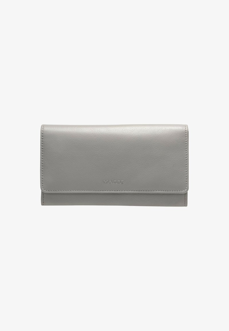 Gray wallet with a flap closure, featuring smooth leather texture and subtle stitching. The brand name is embossed on the front.