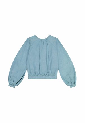 Jasnoniebieska bluzka z długim rękawem o delikatnej fakturze, z okrągłym dekoltem oraz marszczeniami na dole i mankietach. Prosty, gładki design bez wzorów.