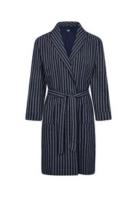 Mørkeblå badekåbe med stribet mønster, lavet af blødt stof. Har en sjalskrave, bælte i taljen og to forlommer.