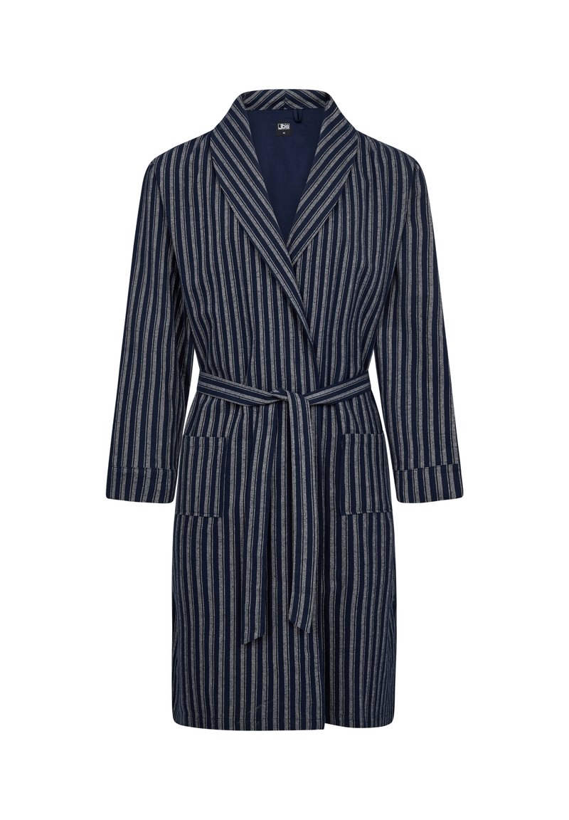 Mørkeblå badekåbe med stribet mønster, lavet af blødt stof. Har en sjalskrave, bælte i taljen og to forlommer.