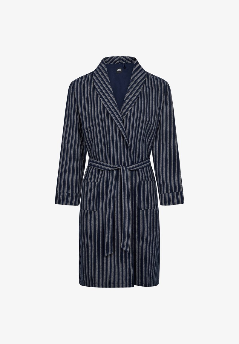 Mørkeblå badekåbe med stribet mønster, lavet af blødt stof. Har en sjalskrave, bælte i taljen og to forlommer.