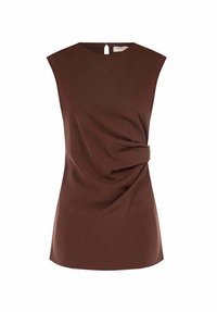 Top marrone senza maniche con scollo rotondo e dettaglio a torsione laterale, accentuato da una fibbia in tonalità argento. Tessuto liscio e morbido con una leggera lucentezza.