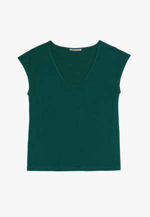 Zaļš īsais V-veida T-krekls, izgatavots no mīksta auduma, ar brīvu piegriezumu un gludu apdari bez rotājumiem.