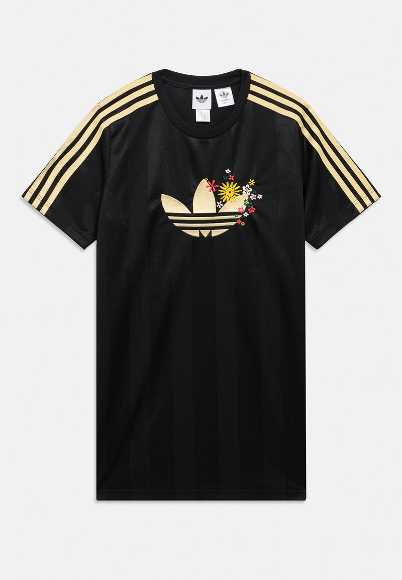 Μαύρο αθλητικό t-shirt με κάθετες ρίγες, χρυσές τρεις ρίγες στους ώμους και κεντητό λουλουδάτο σχέδιο στο στήθος.