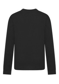Schwarzes Langarmshirt aus weicher Baumwolle mit Rundhalsausschnitt, gerade Säume und enganliegende Ärmel. Einfaches, einfarbiges Design.