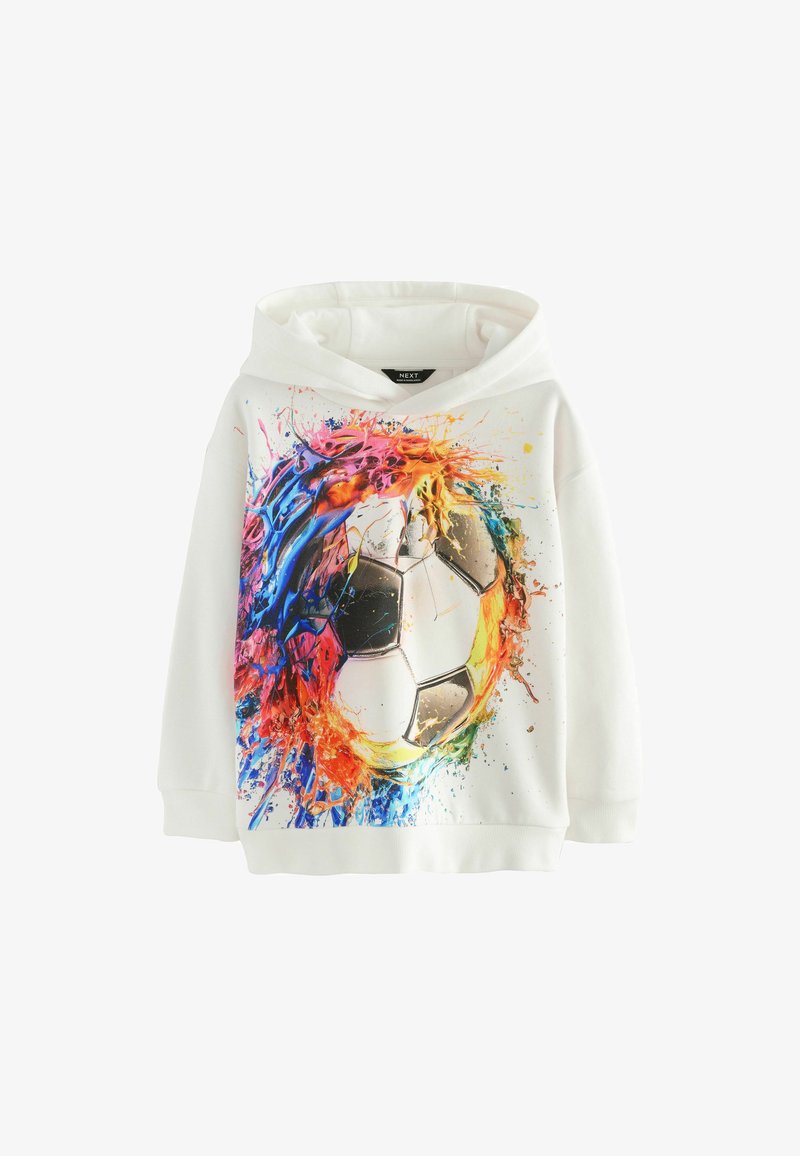 Sweat à capuche blanc avec un design éclaboussé coloré entourant un ballon de football noir et blanc central à l'avant.