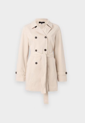 Beige trenchcoat met een dubbelzijdig ontwerp, voorzien van zwarte knopen, een ceintuur in de taille en lange mouwen met knoopmanchetten.