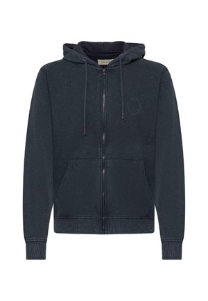 Navy zip-up hoodie made of soft fabric, featuring a lined hood, drawstrings, front pockets, ribbed cuffs, and a subtle logo detail.