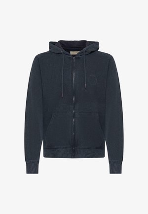 Hanorac bleumarin cu fermoar, realizat din material moale, cu glugă căptușită, șnururi de ajustare, buzunare frontale, manșete striate și un detaliu subtil cu logo.