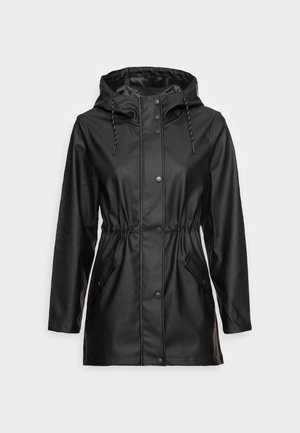 Black waterproof jacket made of smooth, shiny material with a hood, elastic waistband, snap buttons, and two side pockets.
