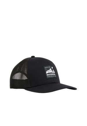 Czarna czapka trucker z siateczkowym tyłem i naszywką na przedzie przedstawiającą logo góry oraz napis "Rossignol Mountain Emotions".