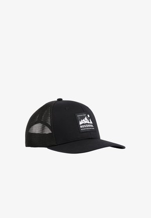 Casquette trucker noire avec dos en maille et écusson à l'avant affichant un logo de montagne et le texte « Rossignol Mountain Emotions ».