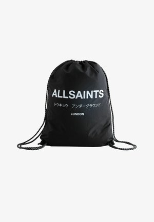 Sac à cordon noir avec logo blanc "ALLSAINTS", texte japonais et inscription "LONDON" imprimés à l'avant, avec des cordons d'épaule à motif.