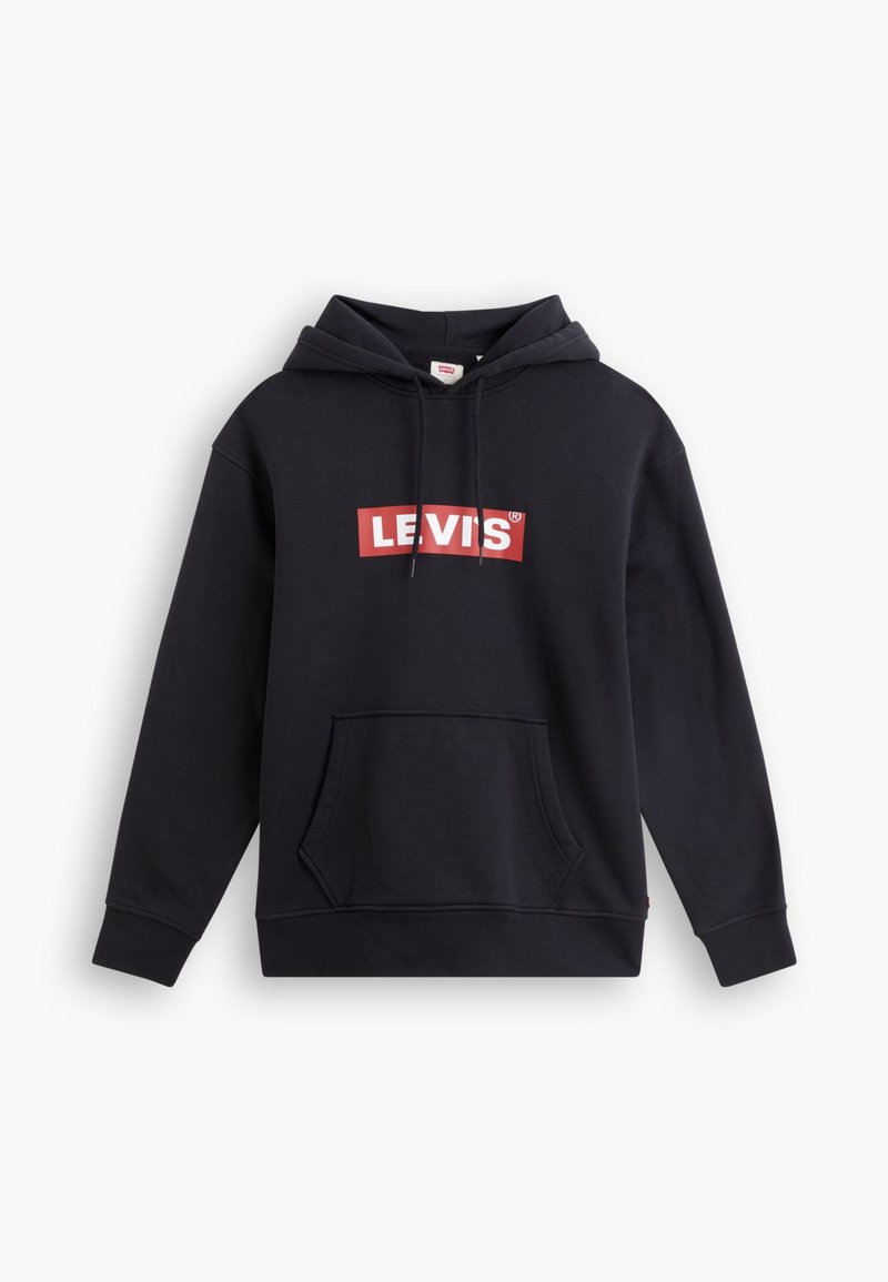 Sudadera negra de mezcla de algodón, con un logo rectangular rojo "LEVIS" en el pecho, bolsillo tipo canguro y capucha con cordones.