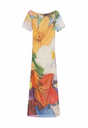 Rochie cu imprimeu floral, cu mâneci scurte, decolteu larg și o siluetă fluidă. Fabricată dintr-un material ușor, cu modele colorate vibrante.