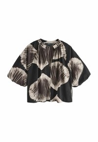 T-shirt noir avec un imprimé floral dans des tons beiges, doté de manches bouffantes et d'un col froncé. Fabriqué en tissu léger.