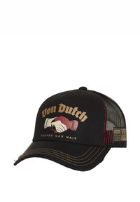 Casquette de camionneur noire avec dos en mesh, arborant un imprimé graphique de mains jointes et le texte "Von Dutch" en or et rouge.