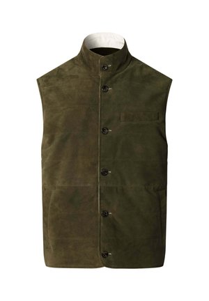 Chaleco sin mangas de ante verde oscuro con cuello alto, cinco botones delanteros, un bolsillo de ojal en el pecho y dos bolsillos laterales.