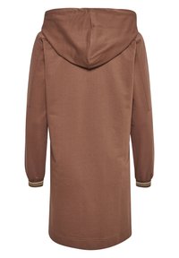 Cappotto felpa marrone con cappuccio regolabile, maniche lunghe e polsini con dettagli dorati. Tessuto morbido con una vestibilità rilassata e orlo dritto.