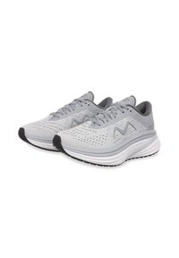 Light gray athletic shoes with breathable mesh upper, textured design, lace closure, and cushioned white midsole with black outsole.
