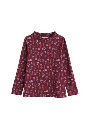 Maglietta a maniche lunghe di un profondo bordeaux con un motivo floreale. Realizzata in tessuto morbido con piccoli fiori rosa e arancioni e foglie verdi.