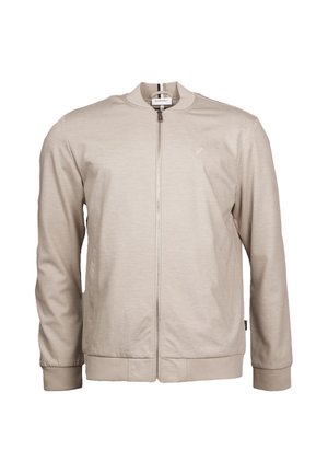 Giacca bomber beige con zip, colletto, polsini e orlo a costine, con logo discreto sul lato sinistro del petto e due tasche laterali.