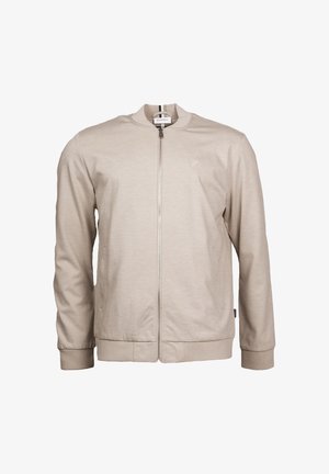 Beżowa bomberka na zamek z prążkowanym kołnierzem, mankietami i dolnym ściągaczem, z subtelnym logo na lewej piersi oraz dwoma bocznymi kieszeniami.