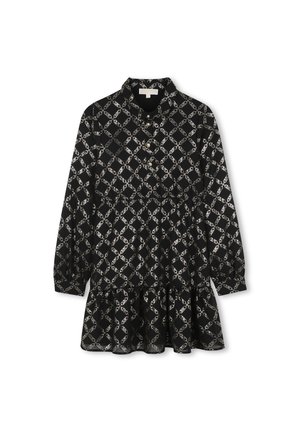 Black dress with long sleeves, collared neckline, and a tiered hemline. Features a white chain pattern and gold buttons along the front.