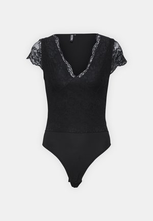 Black bodysuit featuring lace sleeves and a deep V-neckline. The top has a floral lace pattern, while the bottom is smooth and form-fitting.
