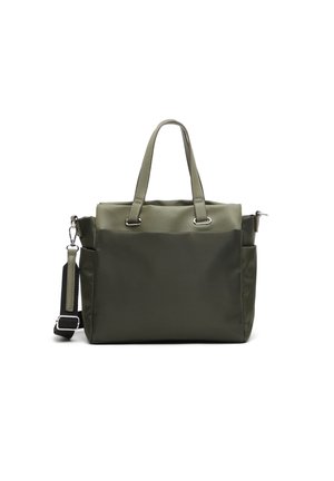 Olivgrüne Einkaufstasche mit zwei oberen Griffen, abnehmbarem, verstellbarem schwarzen Schulterriemen und silbernen Metallbeschlägen an den Seiten.