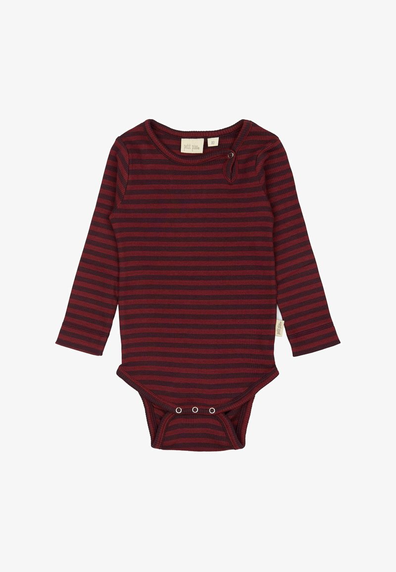 Langsleeve gestreepte rompertop in donkerrood en bordeaux, gemaakt van ribgebreide stof. Voorzien van een schoudersnap en sluitingen aan de onderkant.
