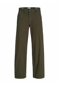 Pantalones de pierna ancha color verde olivo, confeccionados en algodón. Cuentan con un cierre de botón y presillas para cinturón. Textura suave con un corte clásico y piernas rectas.