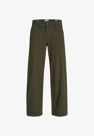 Olive green wide-leg pants made of cotton. Features a button closure and belt loops. Smooth texture with a classic cut and straight legs.