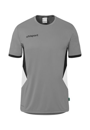 Grå kortærmet sportstrøje med sorte og hvide sidepaneler samt "uhlsport"-logo på øverste venstre bryst.