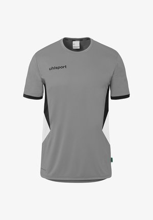 Grå kortærmet sportstrøje med sorte og hvide sidepaneler samt "uhlsport"-logo på øverste venstre bryst.