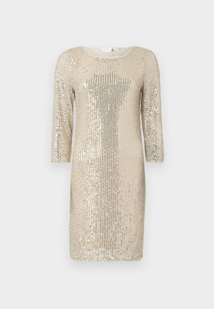 Abito in sequins color oro chiaro con maniche lunghe, scollo a giro e silhouette aderente. Presenta una texture brillante e un motivo verticale.