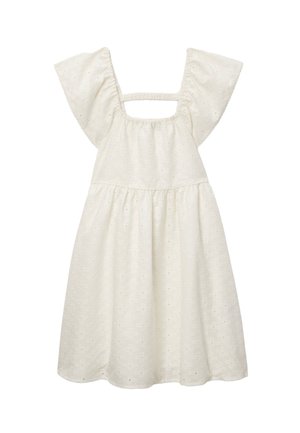Robe en tissu œillet écru avec manches courtes bouffantes, encolure carrée et jupe froncée, avec un détail de bride au dos.