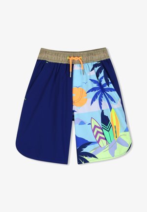 Herrebadshorts med blå og marineblå fargekombinasjon, tropiske motiver, snor i livet og to sidelommer.