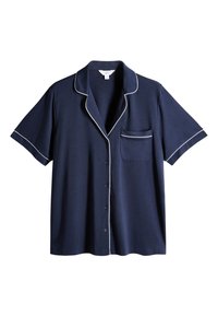 Marineblaues kurzärmeliges Pyjama-Oberteil mit weißer Paspelierung, Knopfverschluss vorne, Reverskragen und Brusttasche mit weißem Besatz.