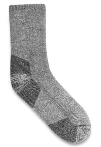 Grau Socke mit gerippter Textur, verstärkten Fersen- und Zehenbereichen sowie einfarbigem Design. Schlichtes und funktionales Design.