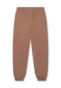 Brune bomuldsblandede sweatpants med elastisk talje, manchetter ved anklerne og en enkelt baglomme. Glat overflade, lige ben design.